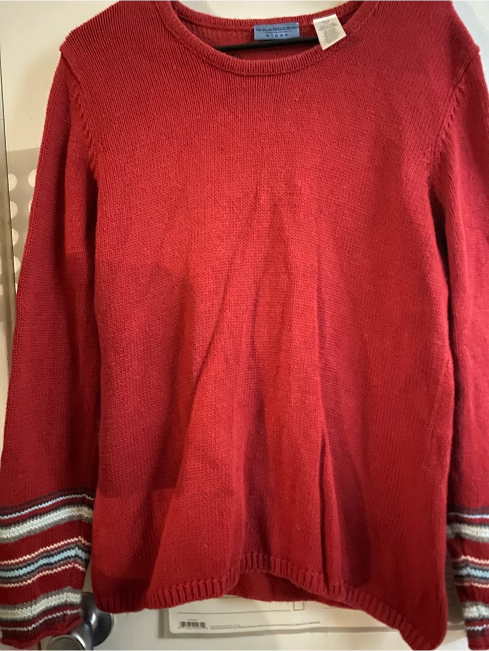 Wrangler Red Crewneck Sweater with Striped Sleeve Accents